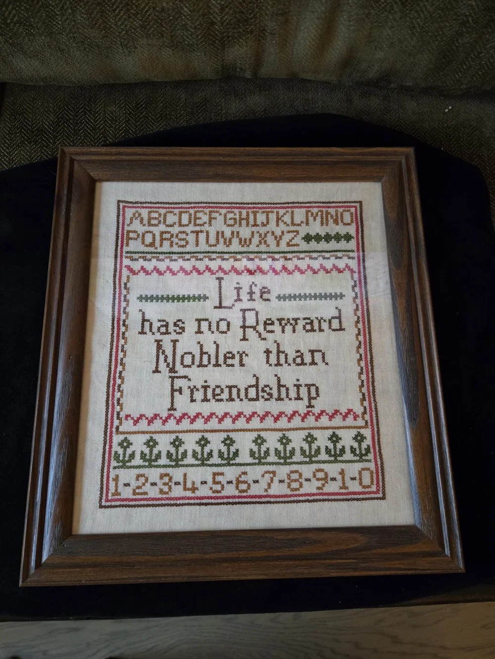 Vintage Framed Cross-Stitch Sampler - Friendship Quote
